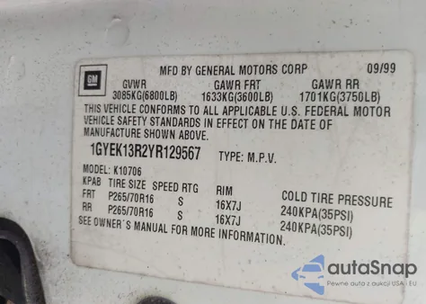 2000 Cadillac Escalade Standard from USA, damaged, VIN 1GYEK13R2YR129567